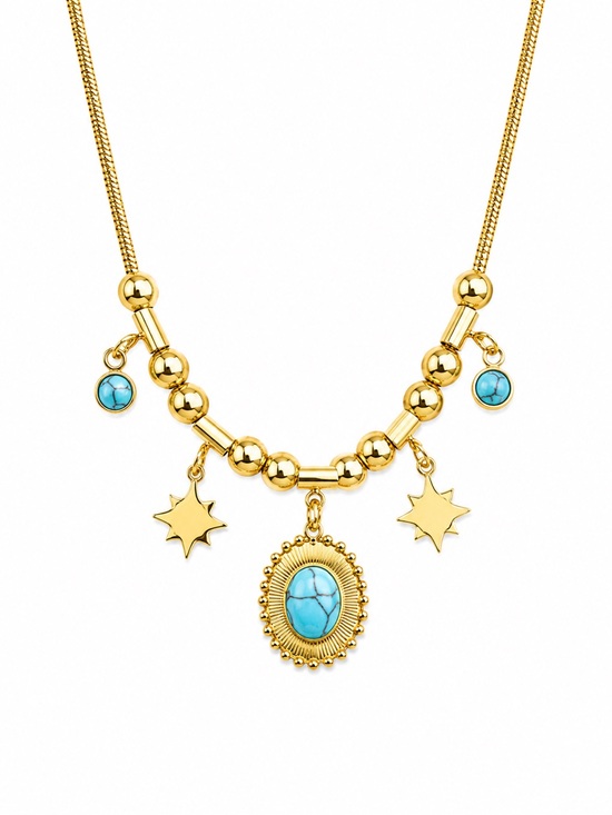 Jewelry - Gold Turquoise Pendant Necklace with Star Charms - Women Jewelry